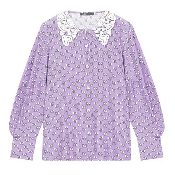 Maje Sz 2 Flowing Bows Print Purple Guipure Collar Top - Picture 2 of 10